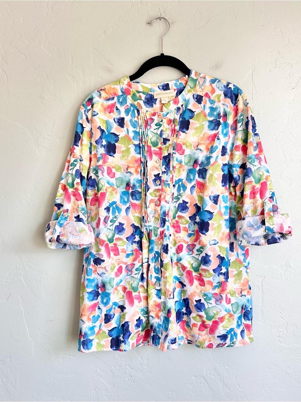 Appleseed's Colorful Summer Floral‎ Button-Front Cotton Shirt Women’s Large EUC